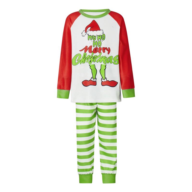 Christmas Family Pajamas Matching Set Cartoon Print Long Sleeve Tops and Green Plaid Pants Sleepwear