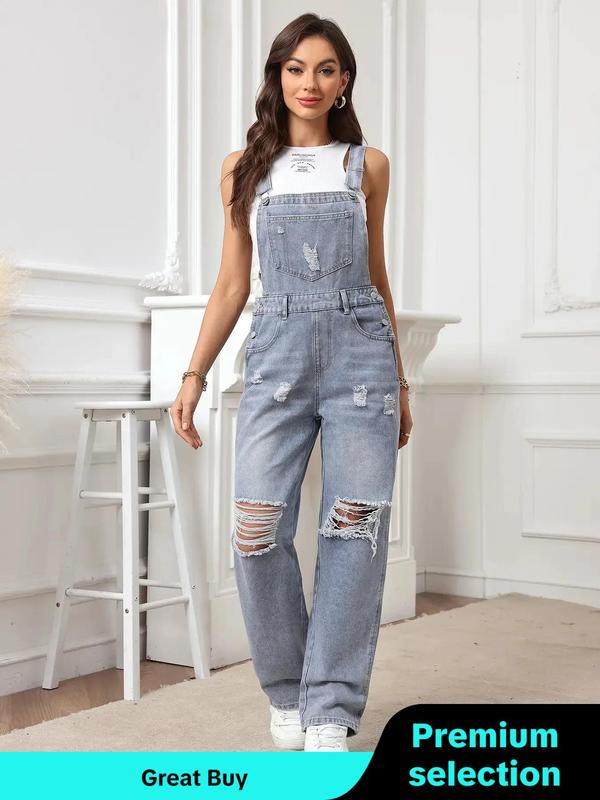 Women's Plain Ripped Straight Leg Denim Jumpsuit, Casual Street Vintage Sleeveless Pocket Jumpsuit for Daily Wear, Ladies Clothes for All Seasons