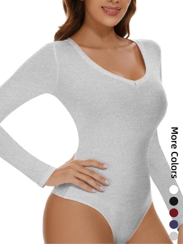 Women's Solid Color Button Closure Crotch V Neck Thermal Underwear Bodysuit, Casual Comfy Long Sleeve Bodysuit for Fall & Winter, Women's Underwear for Daily Wear