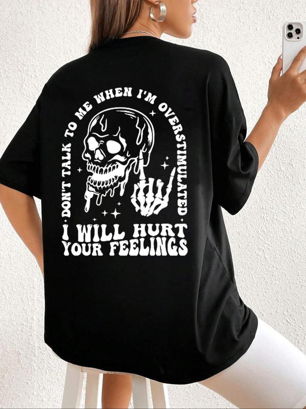 Women's Skull & Letter Graphic Half Sleeve Round Neck Tee, Fall Clothes, Fashion Casual Crew Neck Drop Shoulder T-Shirt for Daily Outdoor Wear, Graphic Tees, Ladies Clothes for All Seasons, Vintage Graphic Tees