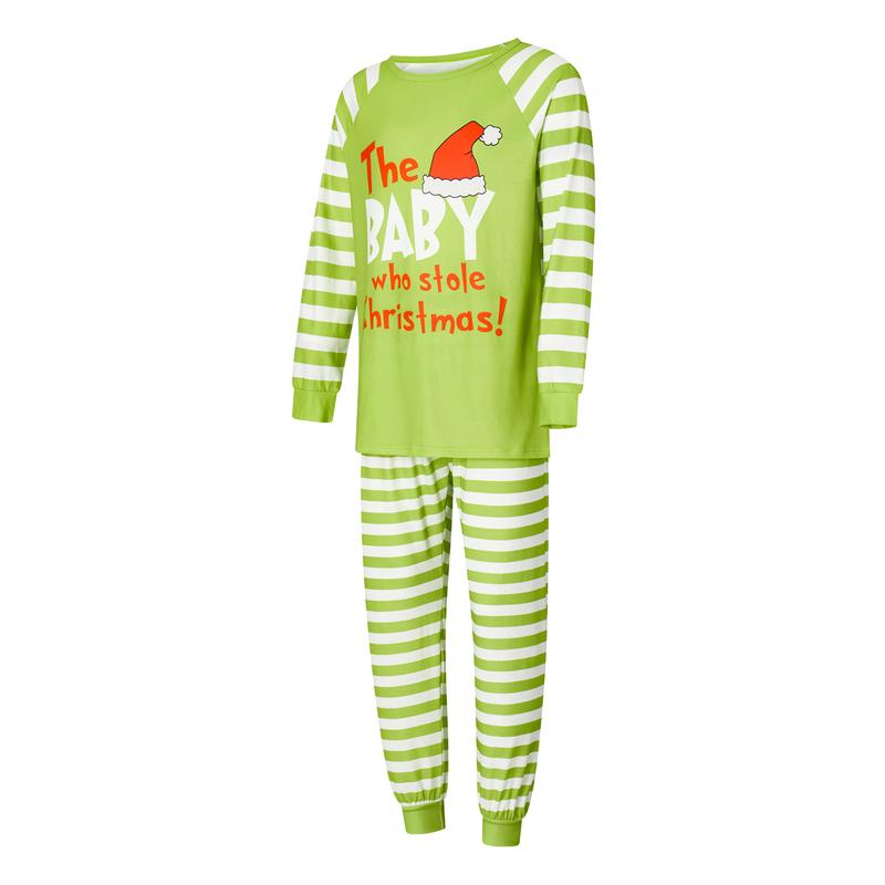 Green Christmas Pajamas for Family Long Sleeve Hat Letter Print Tops + Striped Trousers Set Winter Sleepwear