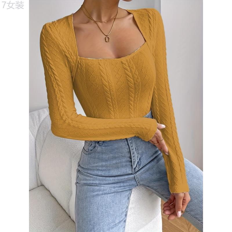 Elegant Long Sleeve Cable Knit Bodysuit - Women's Clothing - Soft, Stretchy, and Comfortable Square Neck Bodycon Bodysuit for Everyday Wear