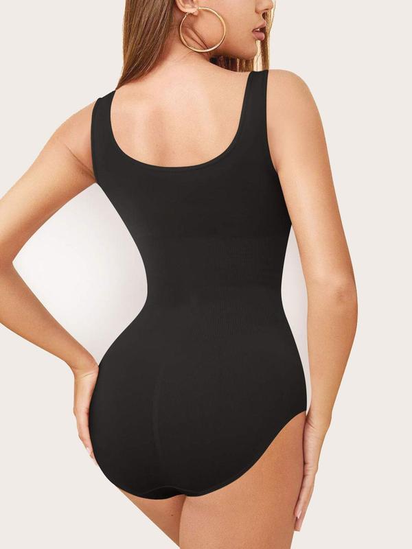 Women's Solid Scoop Neck Hook Eye Design Tank Bodysuit, Basic Comfy Breathable Shaper for Daily Wear, Tummy Control Butt Lifting Shapewear for Women