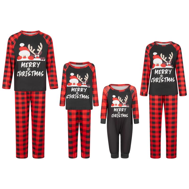 Family Matching Christmas Pajamas, Romper Clothes Letter Deer Print Long Sleeve Tops and Plaid Pants Sleepwear Set Womenswear Check