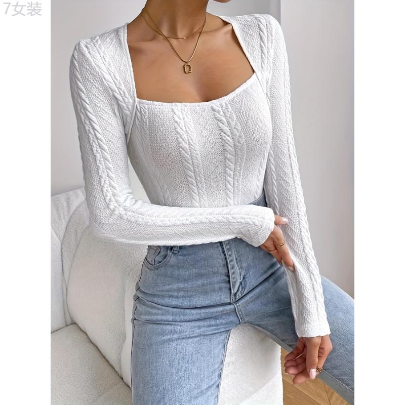 Elegant Long Sleeve Cable Knit Bodysuit - Women's Clothing - Soft, Stretchy, and Comfortable Square Neck Bodycon Bodysuit for Everyday Wear