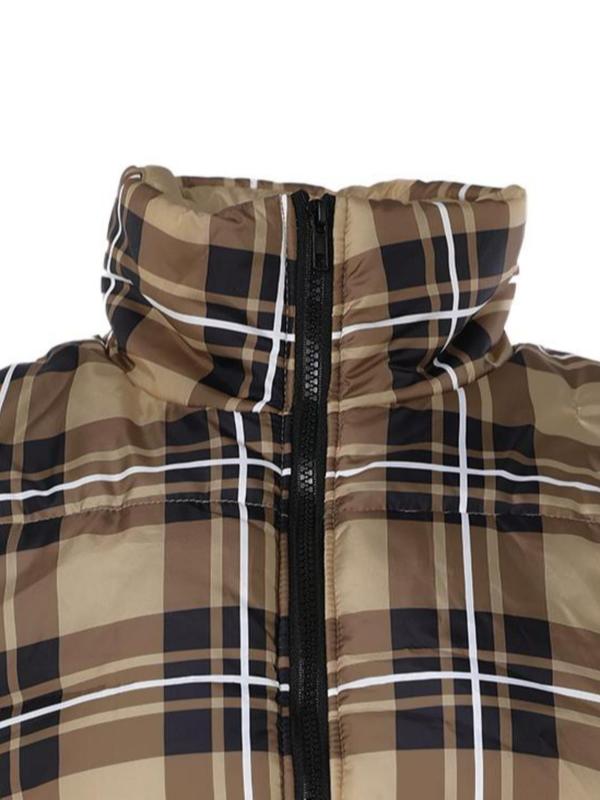 Women's Plaid Print Zip Up Drawstring Vest Jacket, Casual Sleeveless Stand Collar Outerwear for Winter, Ladies Clothes for Daily Wear