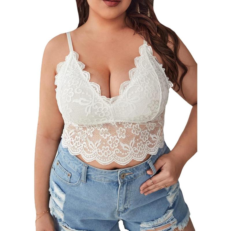 Plus Size Floral Lace Scalloped Trim Wireless Bra Adjustable Strap V Neck Everyday Bralette