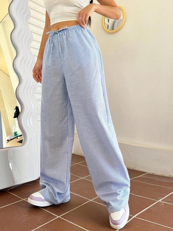 Women's Striped Print Drawstring Waist Wide Leg Pants, Casual Pocket Trousers for Daily Wear, Comfort Womenswear, Ladies Bottoms for Fall, Fall Outfits, Fallfreshness Clothes