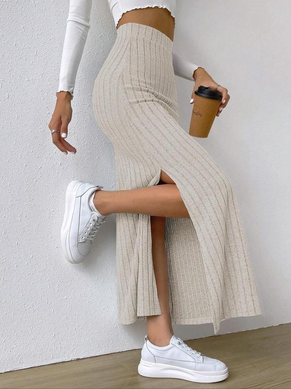 Women's Plain Split Thigh High Waist Ribbed  Skirt, Casual Fashion Long Skirt for Daily Outdoor Wear, Women's Bottoms for Spring & Fall