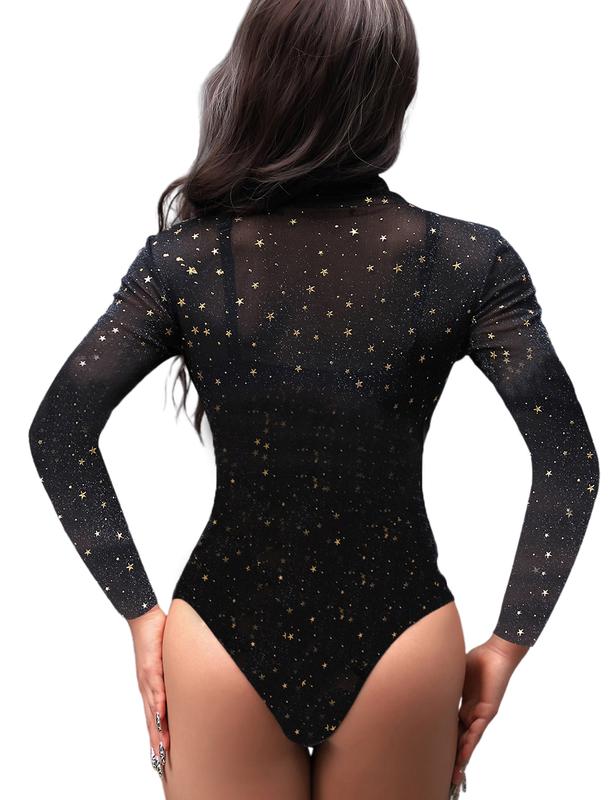 Women's Christmas Mesh Music Festival Long Sleeve Sparkly Star Studded Rhinestone Bodysuits See Through Black Body Suit Shirt Gift Outfit Comfortable Fabric Light One-piece Tops