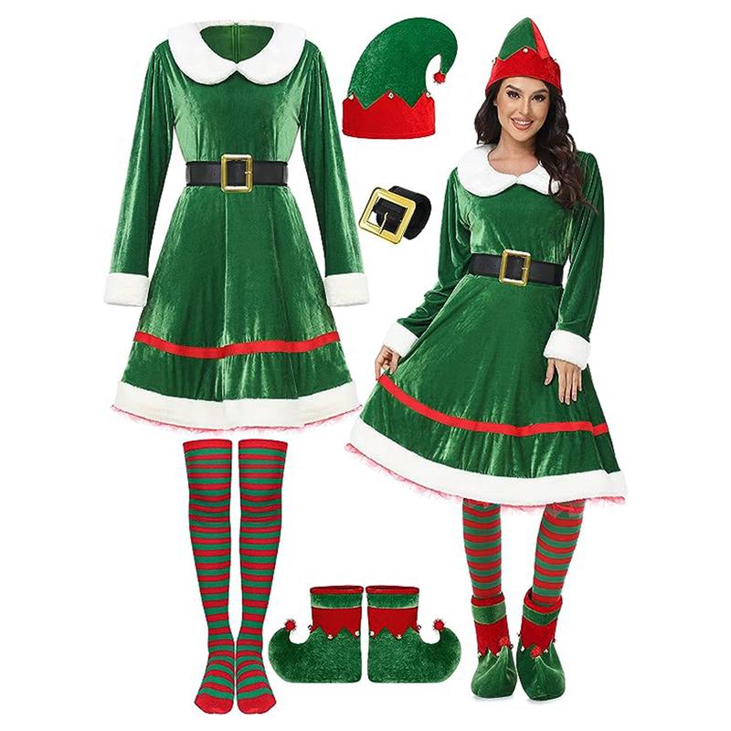 Women Christmas Elf Costume Set Velvet Dress Belt Striped Over Knee High Socks Elf Hat Shoes for Cosplay, Ladies Clothes for Indoor Outdoor Wear, Ladies Clothes for Daily Wear