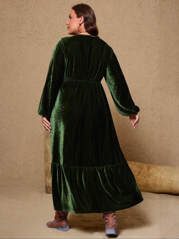  Solid Notched Neck Velvet Dress, Elegant Bishop Sleeve Ruffle Hem Dress for Party Holiday Wedding Guest, Plus Size Women's Clothing, Women's Clothes for Fall & Winter