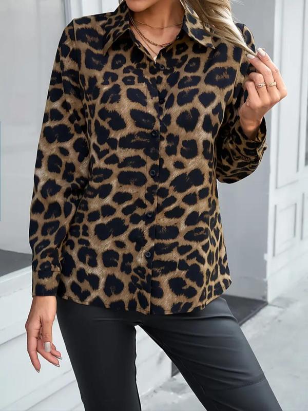 Women's Leopard Print Button Front Shirt, Casual Long Sleeve Collared Top for Fall & Winter, Women's Clothes for Daily Wear