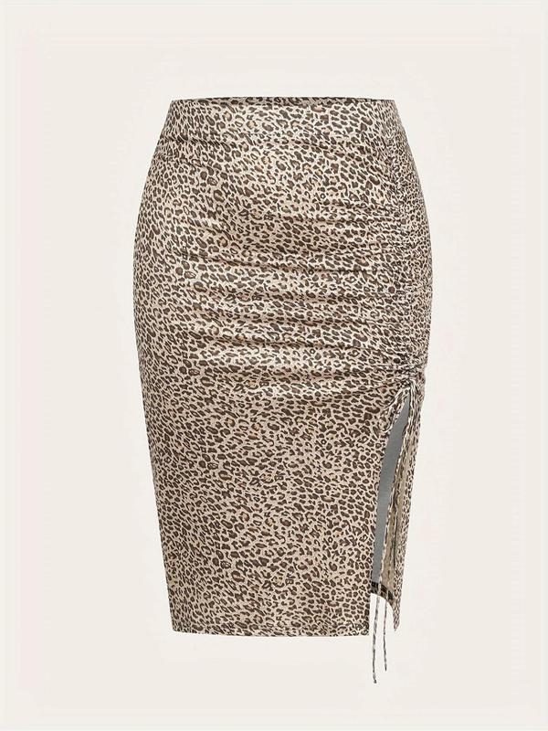  Leopard Print Ruched Split Thigh Pencil Skirt, Elegant Fashion Casual Slim Skirt for Daily Outdoor Wear, Women Clothing for Fall & Winter