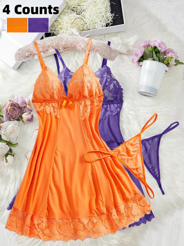 Women's Contrast Lace Cami Nightdress & Thong Sexy Sleepwear Two-Piece Set, Comfy Spaghetti Strap Nighty Dress & Panty Set, Ladies Sleepwear for All Seasons