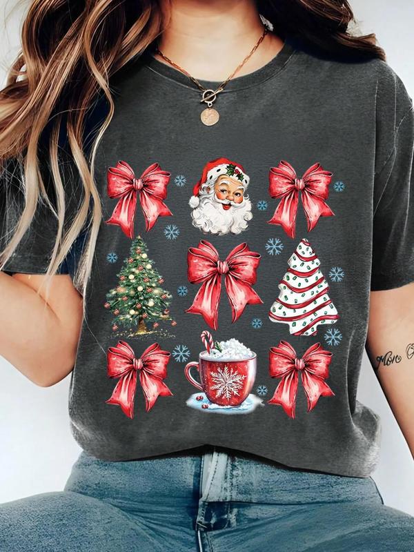 Women's Christmas Themed Print Round Neck Tee, Casual Short Sleeve Crew Neck T-shirt for Summer, Fashion Women's Top for Daily Wear