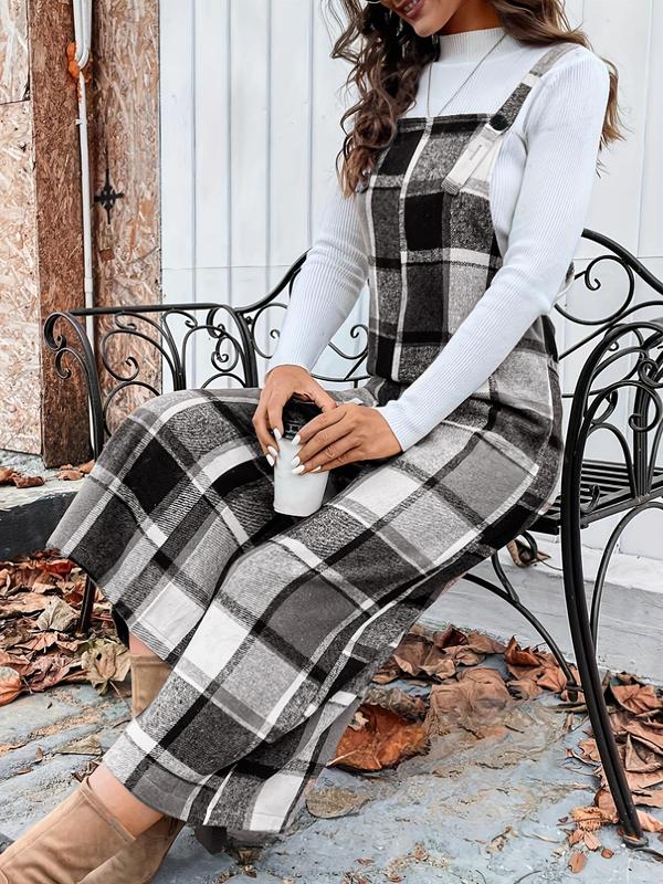 Women's Plaid Print Button Pinafore Dress without Inner Top, Elegant Sleeveless Overalls for Spring & Fall, Women's Clothes for Daily Wear