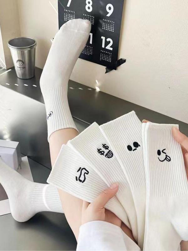 5 Pairs Cartoon Expression Embroidery Crew Socks, Cute Casual Soft Comfortable Breathable Socks for All Seasons, Men & Women Socks for Daily Wear