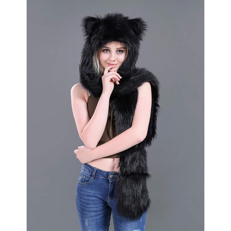 3 in 1 Fx Fur Animal Hood with Paws Fuzzy Novelty Wolf Hats Gloves Scarf Winter Cosplay Hoods Halloween Cosplay