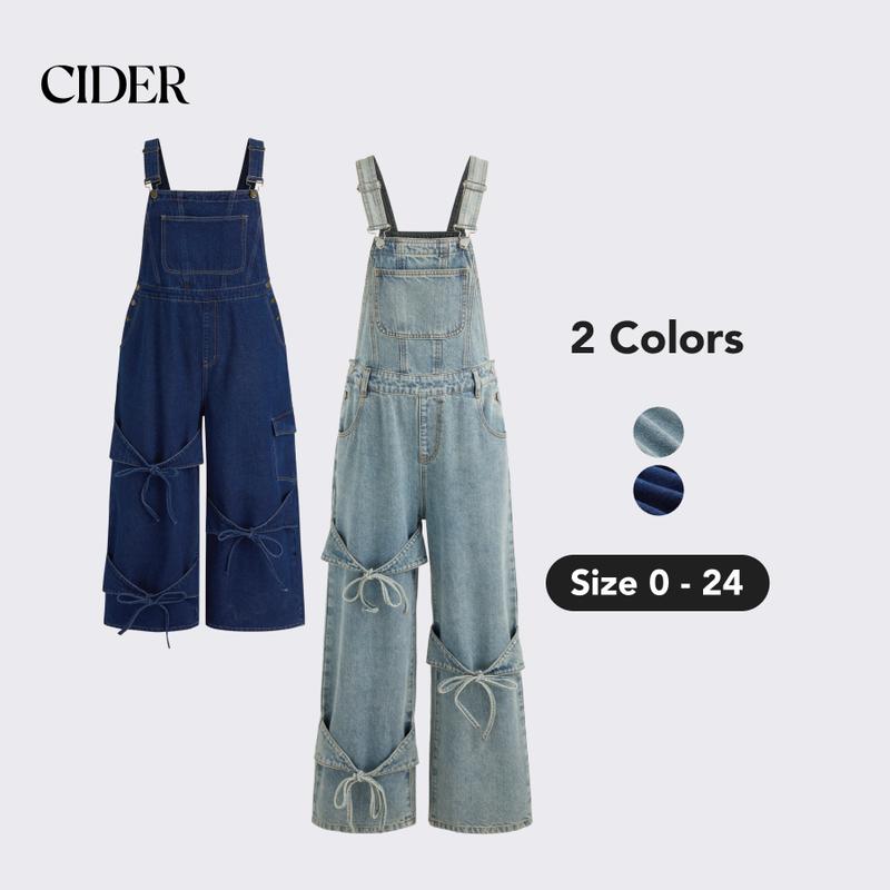 Cider [2 colors, size 0-24] Denim Bowknot Buckle Up Pocket Wide Leg Jumpsuit