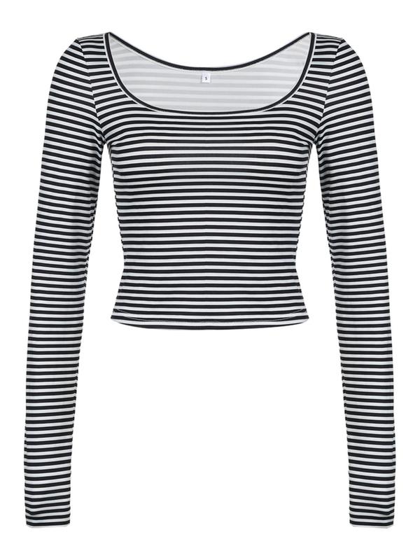 Women's Striped Print Scoop Neck Crop Tee, Casual Long Sleeve T-shirt for Daily Wear, Ladies Clothes for Spring & Fall, Downtown Girl Clothes