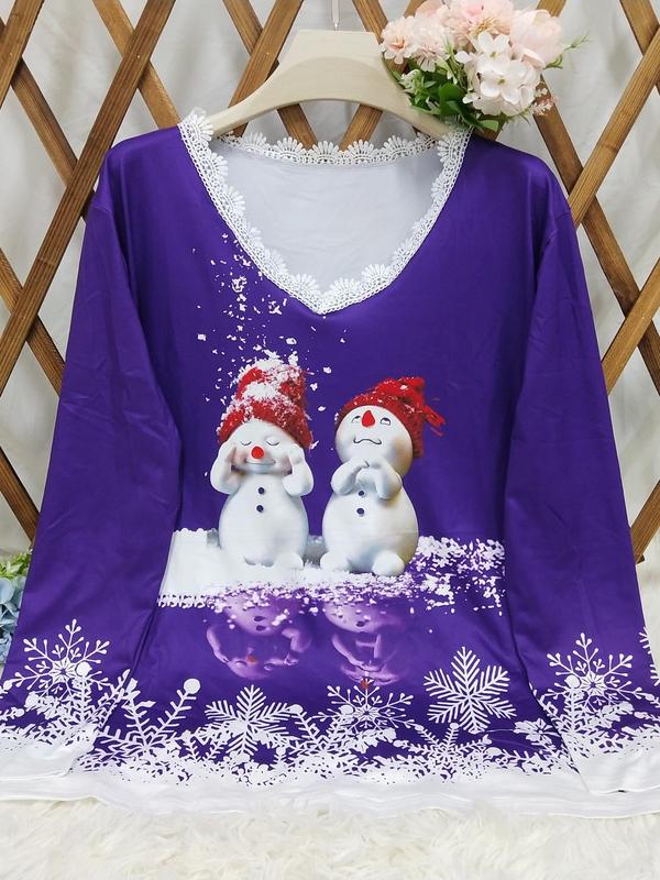  Christmas Snowman Print Contrast Lace V Neck Tee, Elegant 3 4 Sleeve T-shirt for Fall & Winter, Women's Clothing for Daily Wear