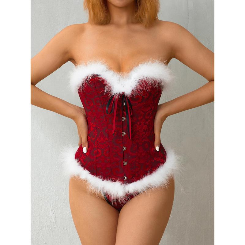 Christmas Ladies Corset Tops, Women Flower Printing Feathers Splicing Front Buckle Back Tie Up Shapewear Cosplay Costume, XS-5XL