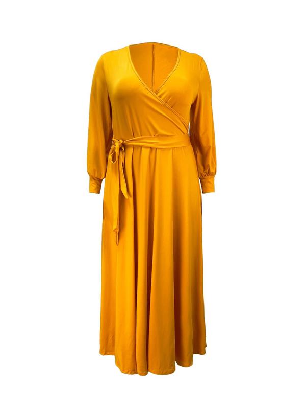  Plain Knot Front Wrap Deep V Neck A Line Dress, Elegant Bishop Sleeve Long Sleeve Dress for Party Holiday Wedding Guest, Women's Clothes for Fall & Winter