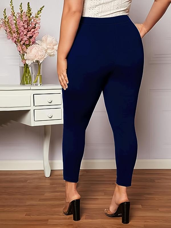 Plus Size Solid Color Pocket Leggings, Plus Plain Casual Comfy Skinny Pants for Women, Women's Bottoms for Spring & Fall