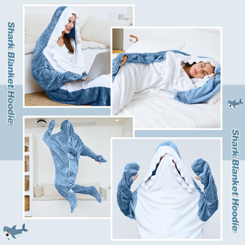 Shark Blanket Hoodie Onesie for Adults and Kids, Cozy Flannel Shark Costume Shark Sleeping Bag Loungewear Pajama