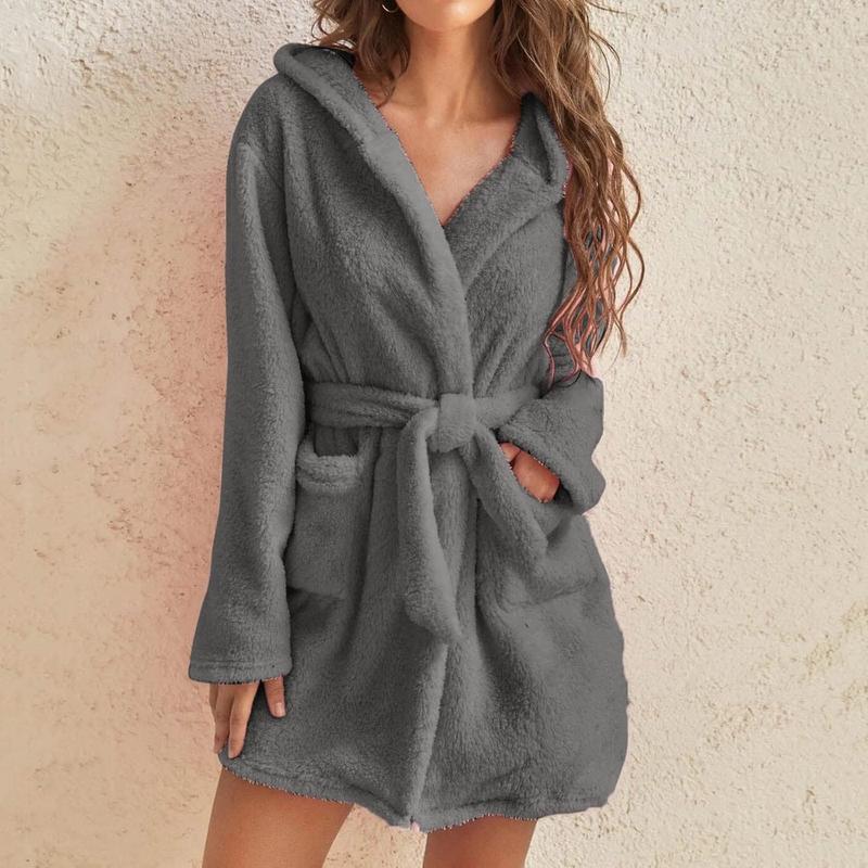 Womens Fuzzy Robe Hooded Short Robe Fall Winte Belt Knee Length Plush Robe Sleepwear Pockets Spa Bathrobe