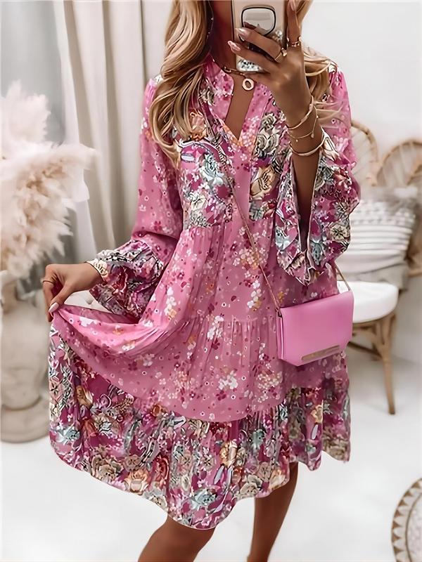 Women's Ditsy Floral Print Patchwork Tiered Layer Vintage Smock Dress, Boho Flounce Sleeve Short Dress for Daily Wear, Ladies Dress for Spring & Fall