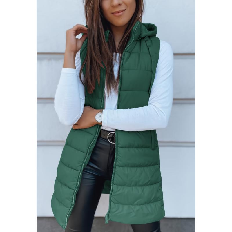 Women Long Vest Solid Color Sleeveless Hood Winter Puffer Vest Outwear