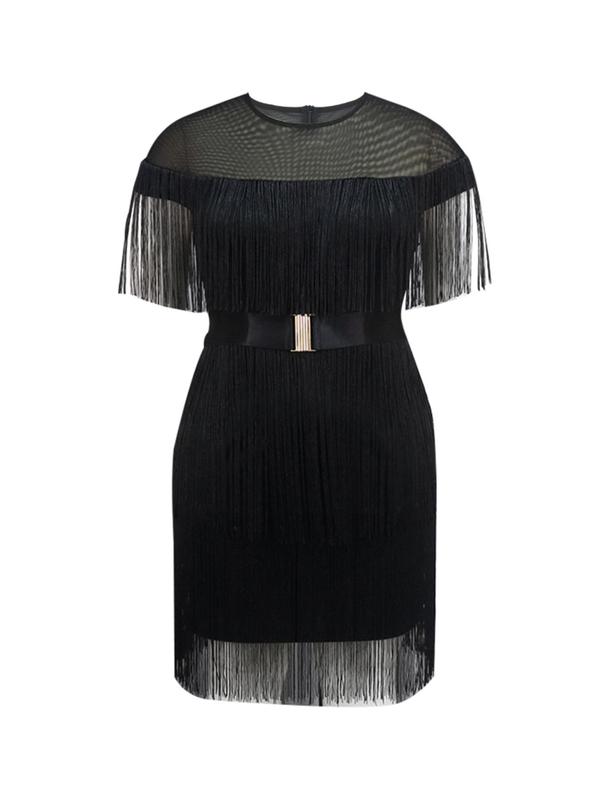 Plus Size Contrast Mesh Fringe Trim Sheer A Line Dress with Belt, Elegant Cap Sleeve Round Neck Zipper Dress for Party Holiday Wedding Guest, Women's Clothes for All Seasons