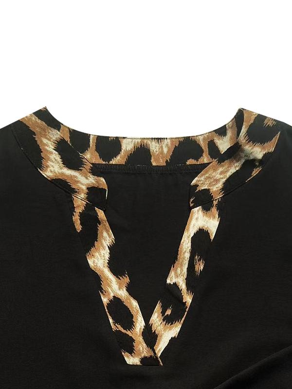 Plus Size Leopard Print Notched Blouse, Casual Bishop Sleeve Top for Summer, Women's Plus Size Clothing for Daily Wear