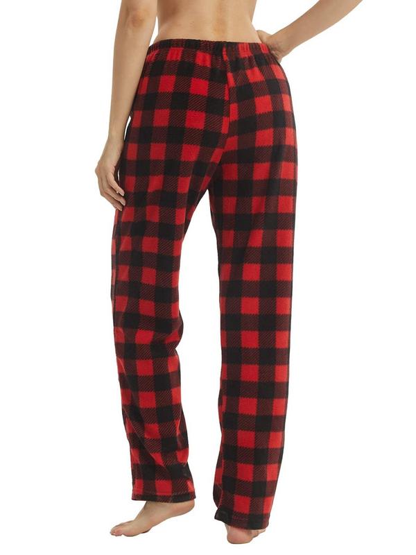 Women's Plaid Print Drawstring Waist Pocket Christmas Polar Fleece Lounge Pants, Casual PJ Clothes, Soft Comfortable Thermal Trousers For Fall & Winter, Women's Sleepwear Bottoms For Indoor Wear, Summer Clothes Women