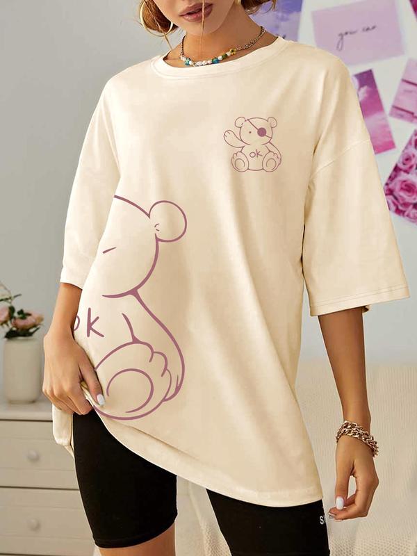 Women's Cartoon Bear & Letter Print Drop Shoulder Tee, Casual Half Sleeve Round Neck T-shirt for Summer, Graphic Tees, Ladies Clothes for Daily Wear