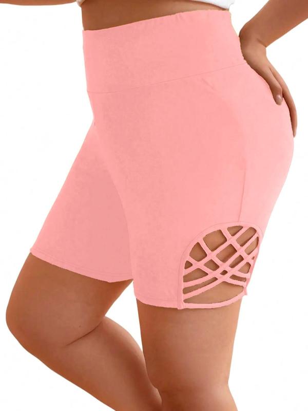 Plus Size Criss Cross Cut Out High Waist Shorts, Casual Comfy Breathable Skinny Shorts for Daily Wear, Women's Bottoms for Spring & Fall