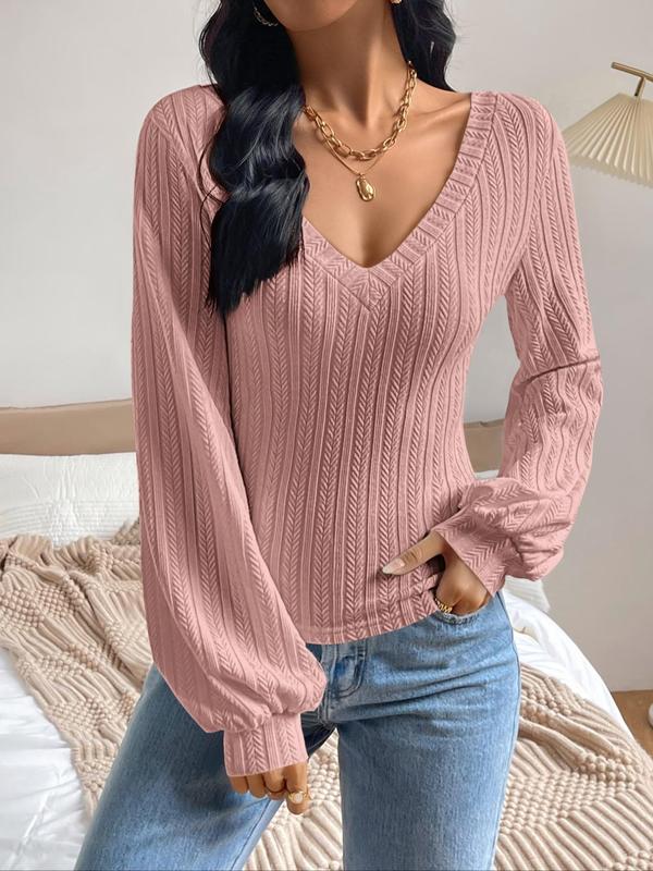 Women's Plain Lantern Sleeve V Neck Tee, Fall Outfits, Elegant Casual Long Sleeve T-Shirt for Fall, T Shirts for Women, Fashion Women's Clothing for Daily Wear