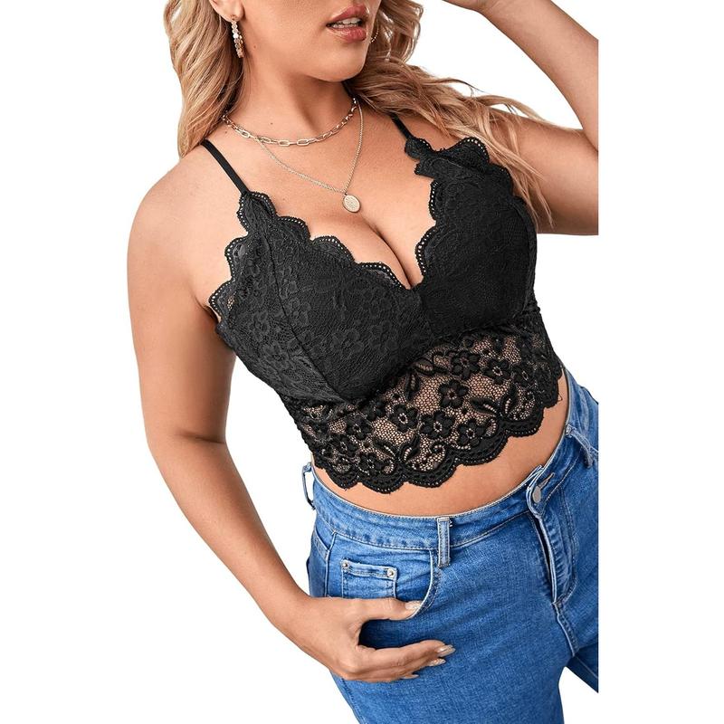 Plus Size Floral Lace Scalloped Trim Wireless Bra Adjustable Strap V Neck Everyday Bralette