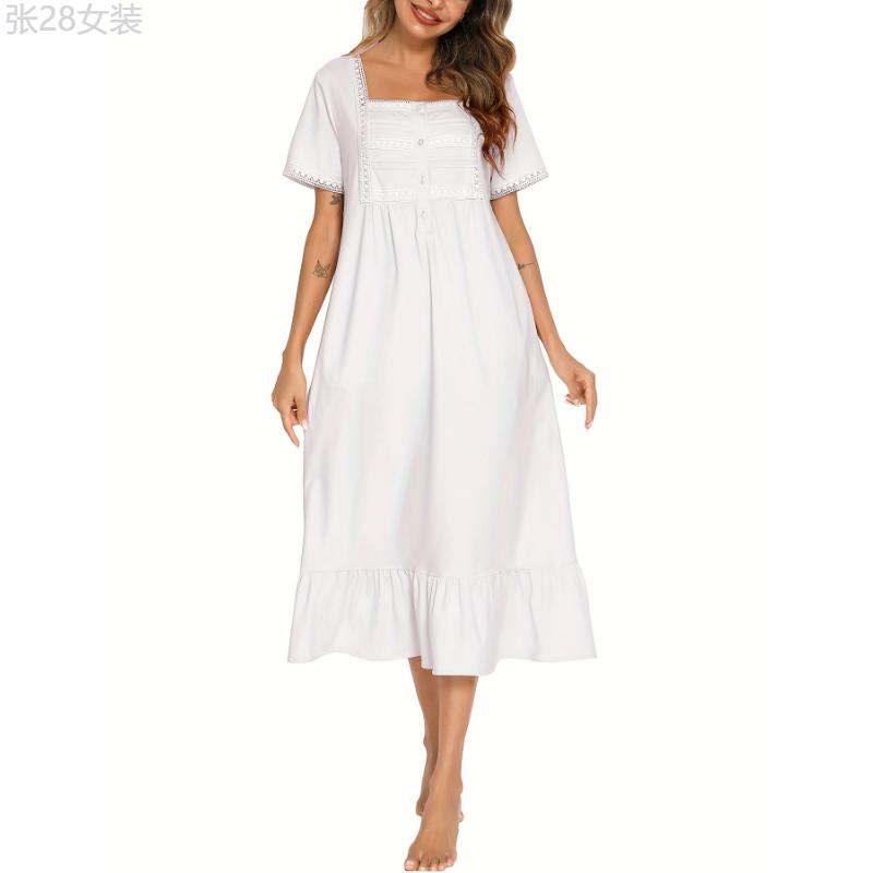 Lace Stitching Nightdress, Cute Square Neck Short Sleeve Ruffle Hem Dress, Women's Sleepwear & Dresses