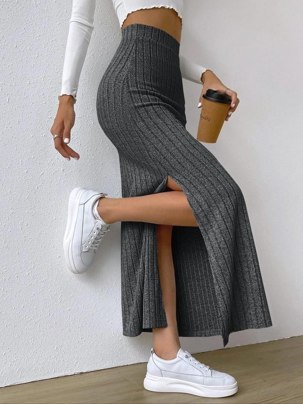 Women's Plain Split Thigh High Waist Ribbed  Skirt, Casual Fashion Long Skirt for Daily Outdoor Wear, Women's Bottoms for Spring & Fall