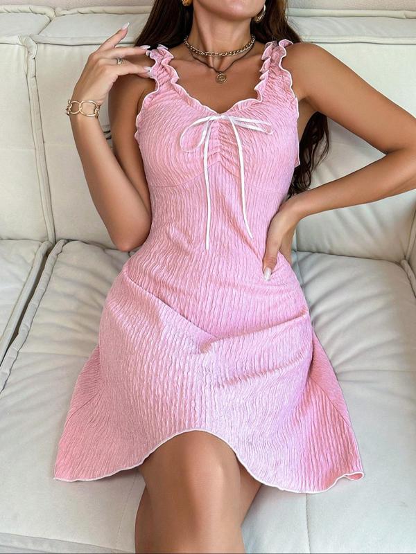 Women's Textured Frill Trim Tie Front Cami Nightdress, Casual Soft Comfortable Ribbed Nightgown for Summer, Fashion Ladies' Sleepwear for Daily Wear