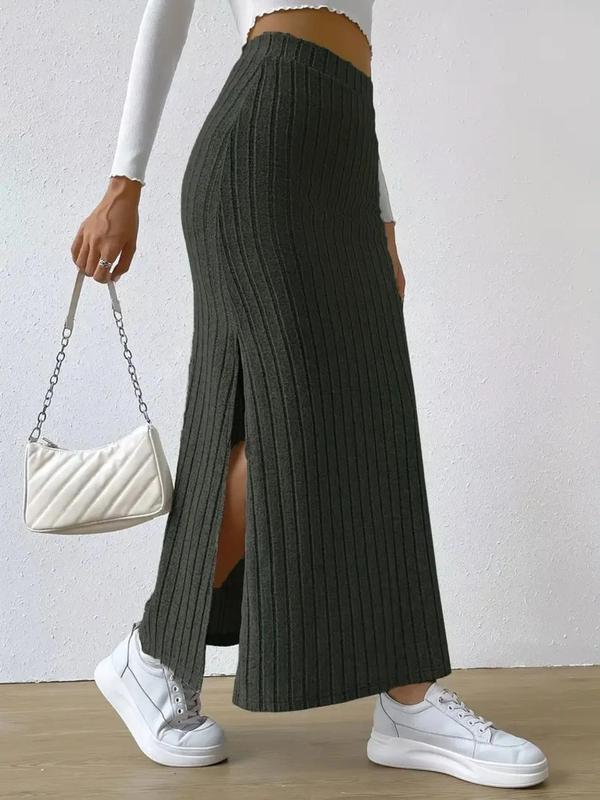 Women's Plain Split Thigh High Waist Ribbed  Skirt, Casual Fashion Long Skirt for Daily Outdoor Wear, Women's Bottoms for Spring & Fall