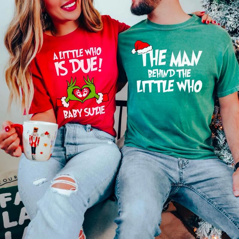 Personalized A Little Who Is Due Couple Sweatshirt, Mommy To Be Shirt, New Dad Shirt, Christmas Pregnancy Reveal Sweatshirt, Christmas Holiday Maternity Sweatshirt, Christmas Pregnant Shirt, Baby Reveal Xmas Party Shirt