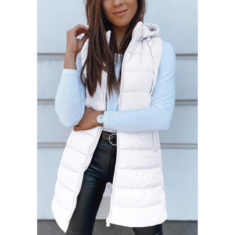 Women Long Vest Solid Color Sleeveless Hood Winter Puffer Vest Outwear