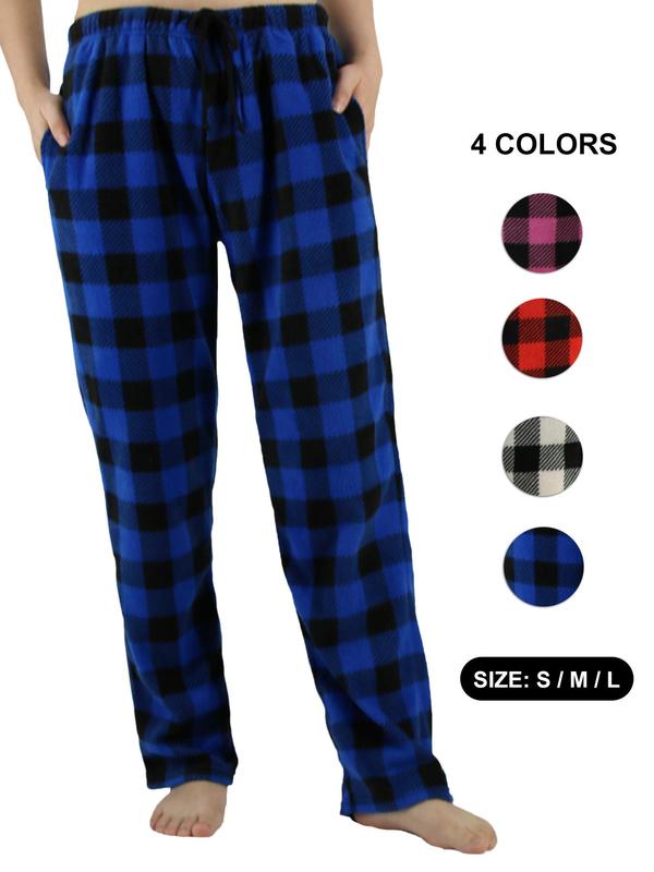 Women's Plaid Print Drawstring Waist Pocket Christmas Polar Fleece Lounge Pants, Casual PJ Clothes, Soft Comfortable Thermal Trousers For Fall & Winter, Women's Sleepwear Bottoms For Indoor Wear, Summer Clothes Women