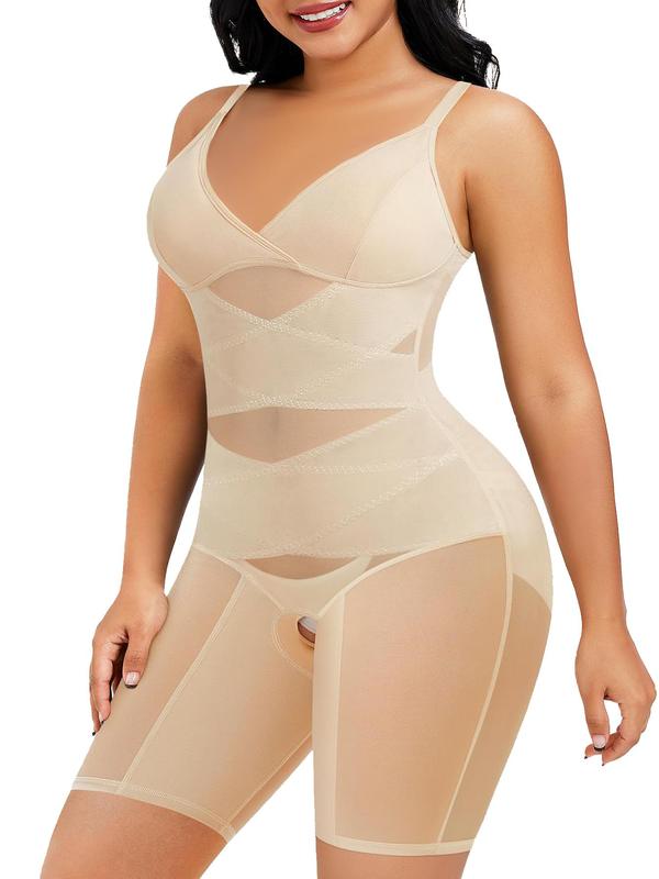 Womenswear Contrast Mesh Seamless Shapewear Bodysuit, Basic Minimalist Casual Solid Color Spaghetti Strap Shaper, Tummy Control Corset, Ladies Shapewear Clothing