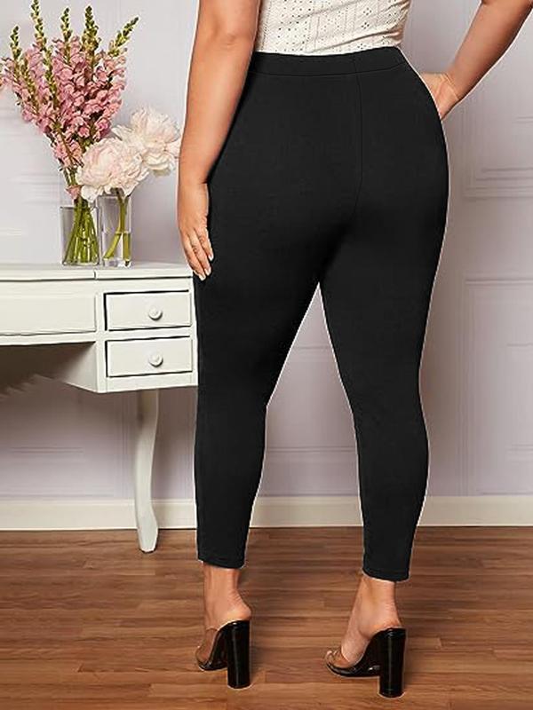 Plus Size Solid Color Pocket Leggings, Plus Plain Casual Comfy Skinny Pants for Women, Women's Bottoms for Spring & Fall