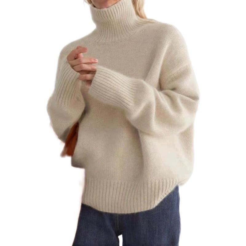 Women's Cashmere High Neck Long Sleeve Sweater Pure Color Cashmere Knit High Neck Short Pullover Loose Slouchy Sweater  Casual Loose Bottom Autumn and Winter Pullover Sweater